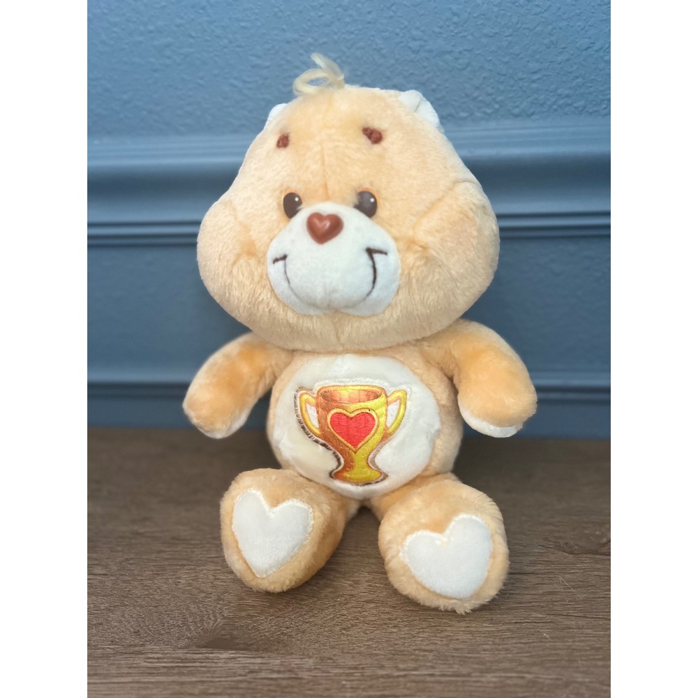 Vintage Care Bears Champ Bear Plush 1980s Peach Trophy Heart Belly Badge Toy